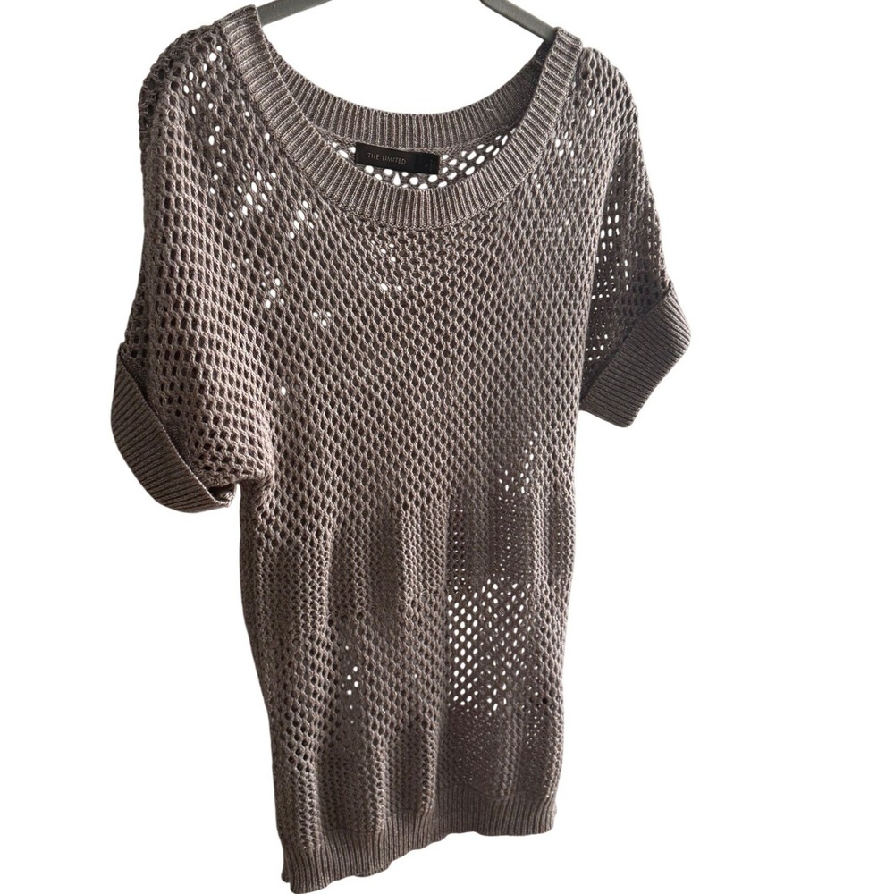 Womens Open‎ Knit Short Sleeve Sweater Taupe Metallic Mesh Coastal Chic Size S - Picture 3 of 6